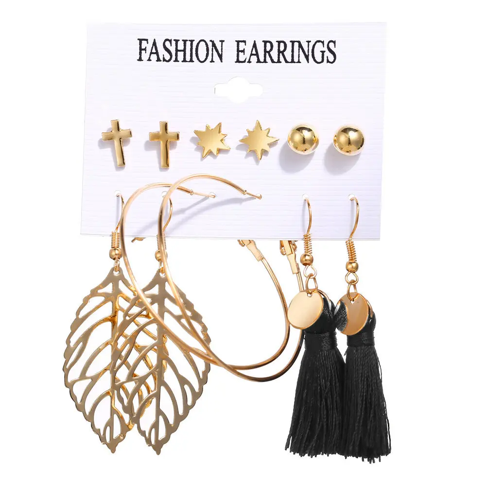 

2020 Bohemian Leaf Tassel Hoop Earring Set For Women Big Earrings Hoop Wholesale