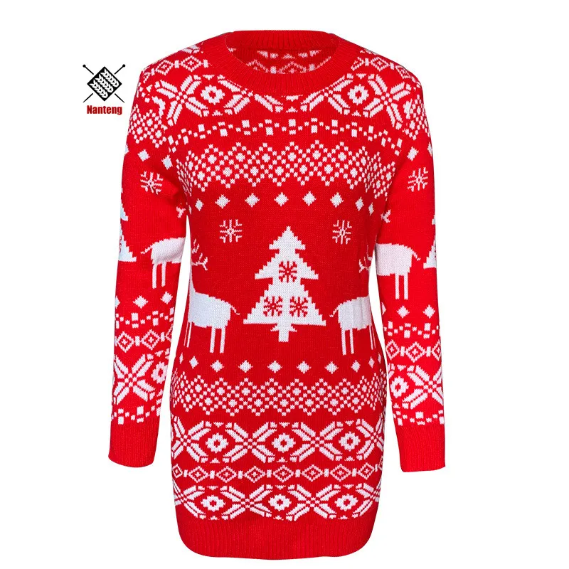 

Holiday fashion women adult reindeer christmas loose red sweater dress