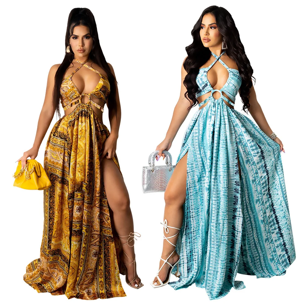

2021 Autumn Women Clothing Skirt classic print large hemline women sehe backless cross halter fashion long casual dresses