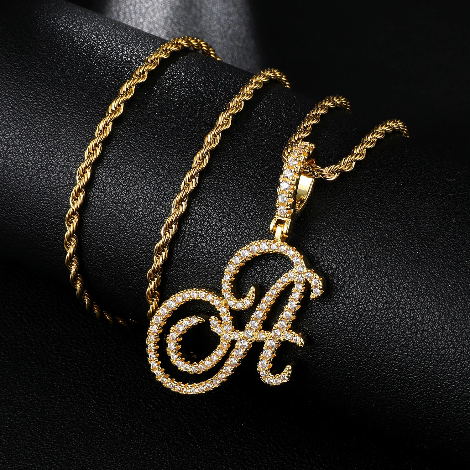 

Hip Hop men Large Gold Silver Cubic Zirconia diamond letter cursive initial necklace women rope chain necklaces