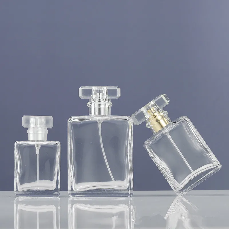 

High Quality 50ml 100ml Transparent Square Perfume Glass Mist Spray Bottles