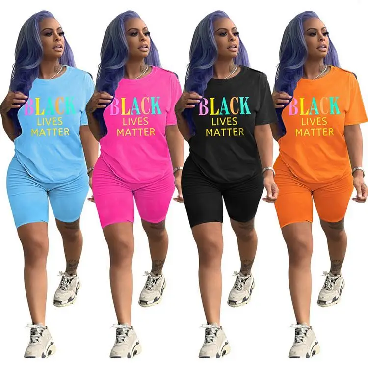 

JEAN Summer 2021 Short Sleeve Letter Solid Color Women Sets Shorts Casual Women Two Piece Sets