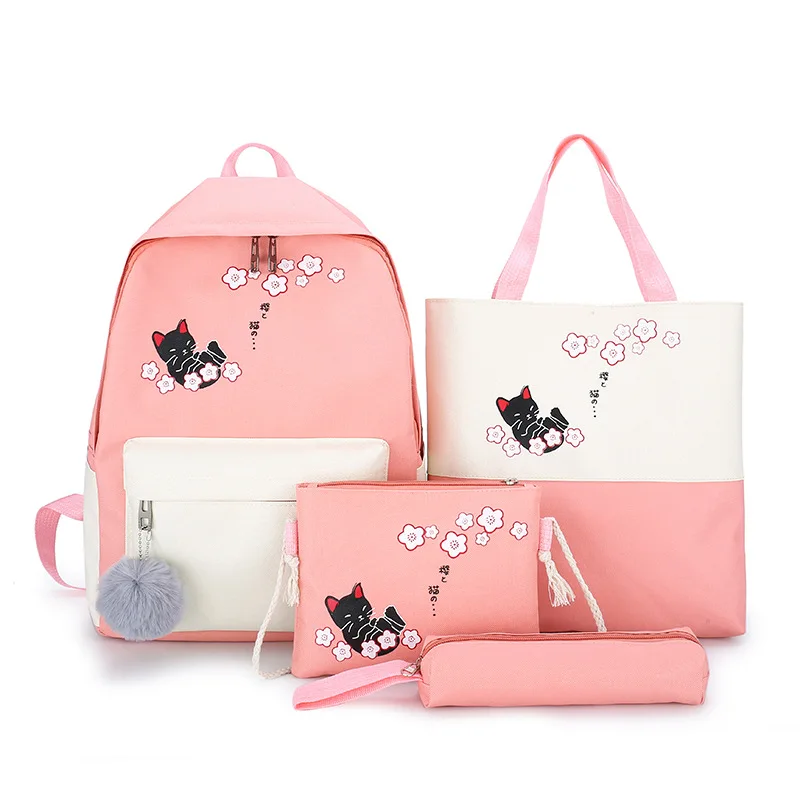 

Hot selling fashion pink travel school bag women girls student cat 4 pcs backpack set, Multi-color