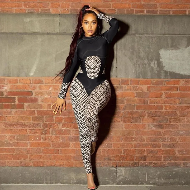 

2021 New Trending Fall Winter Women Printed High Waist Sportswear Sexy Club Outfits One Piece Jumpsuit