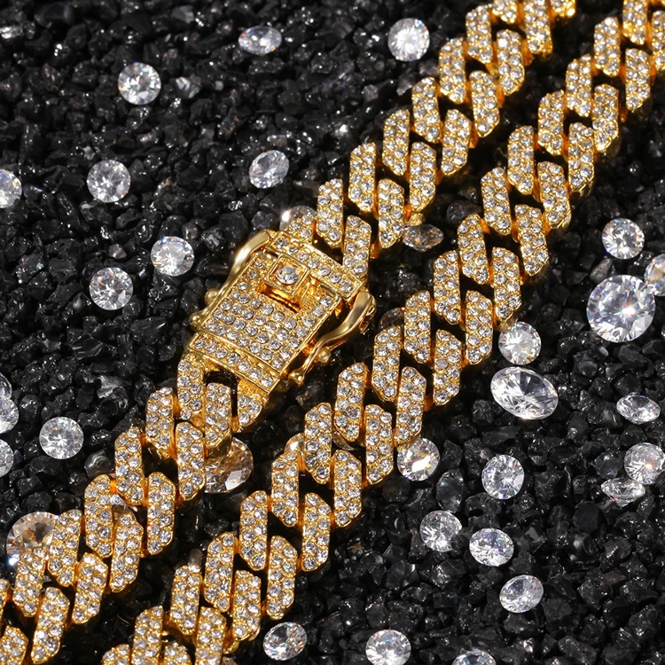 

Fashion design Hip Hop Men Necklace 18k gold plated 12mm alloy Diamond Iced Out Prong Cuban Chain