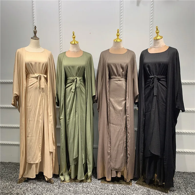

2021 Muslim Modest Kimono Fashion Plus size Dubai Maxi Abaya 3pcs set Turkish Dresses Islamic clothing wholesale, Brown army green beige black