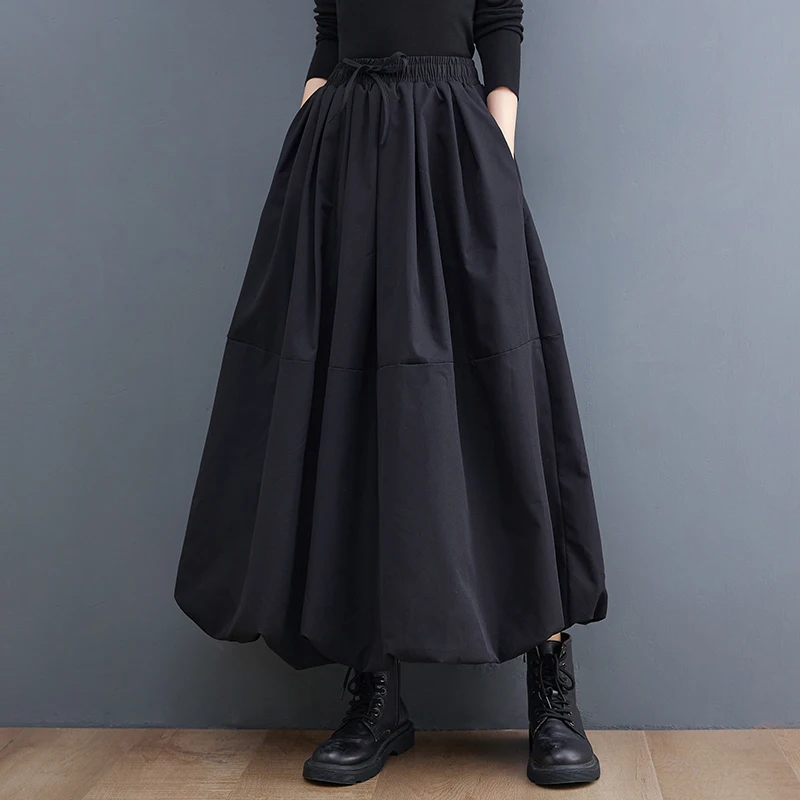 Wholesale 2026 Autumn and Winter Solid Color Skirt Drawstring Elastic Waist Puffy Skirt Medium Length High Waist A-line Skirt