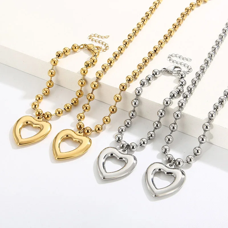 

G2354 Wholesale Stainless Steel Beaded Chain Necklace And Bracelet Hollow Chunky Heart Pendant Fashion Jewelry Sets