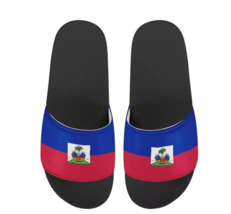 

Haitian Flag Printed Beach Slippers for Women Men Sandal Soft Black Soles Eva Slippers 2021 Fashion Slippers With Flags Printing, Customized color,printable