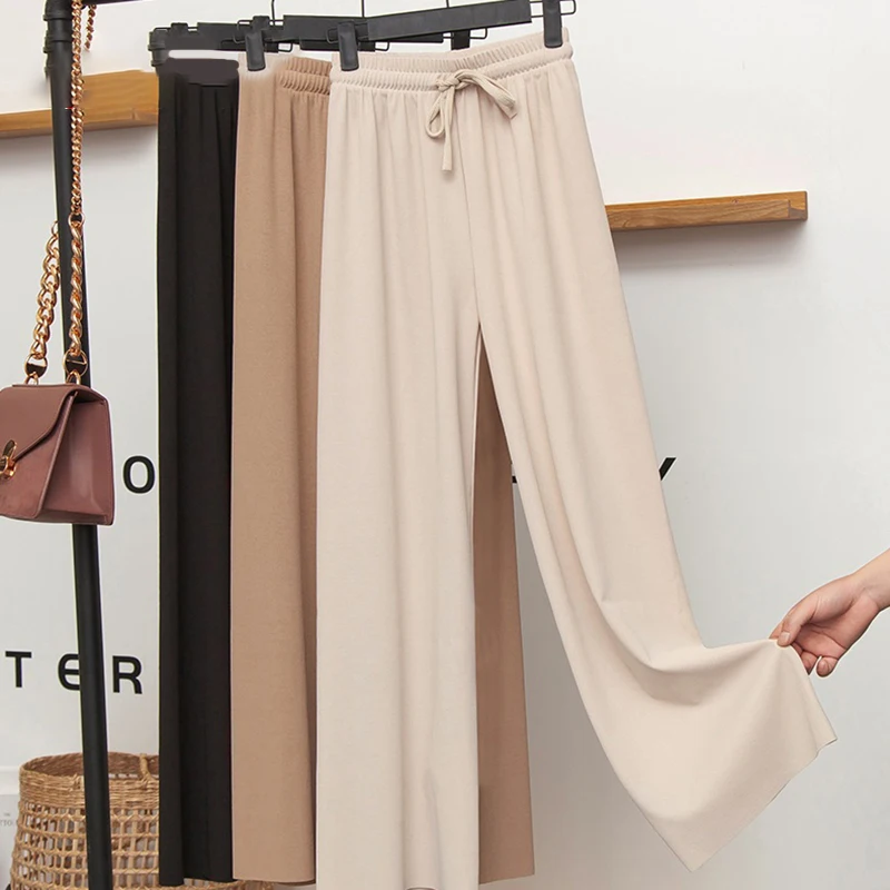 

Women's Loose Summer Pants Slacks Soft Ice Silk Ankle-Length Black Wide Leg Pants Grey Khaki Women High Waisted Trousers, 14 colors