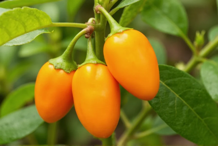 Close-up view of ripe mango peppers showing their distinctive orange color and lantern shape on the plant