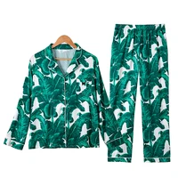 

Fashion Green Leaf Pattern Ladies Lounge Wear Sleepwear Pajamas Set Women Home Pijama Sleepwear