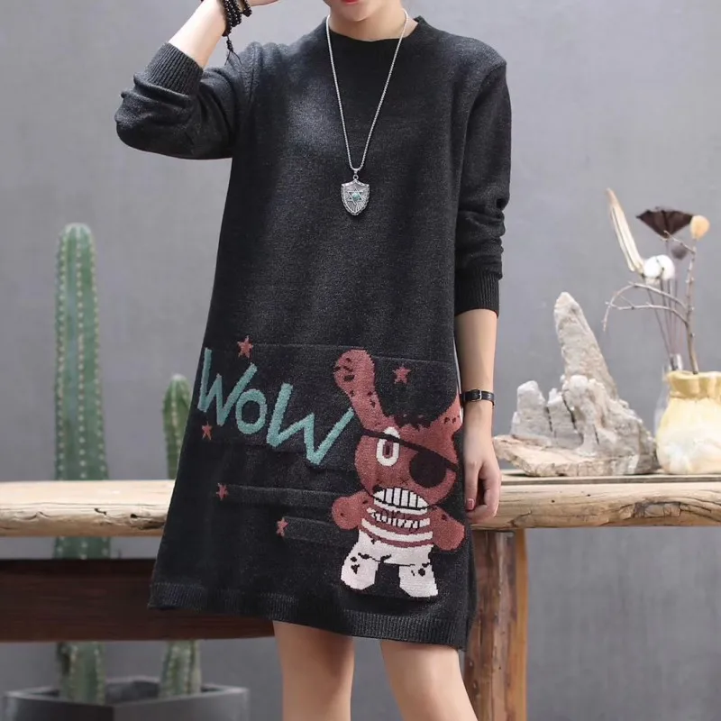 

New arrival round neck loose fit oversized cartoon womens sweater dress, Grey,deep grey,navy,bordeaux