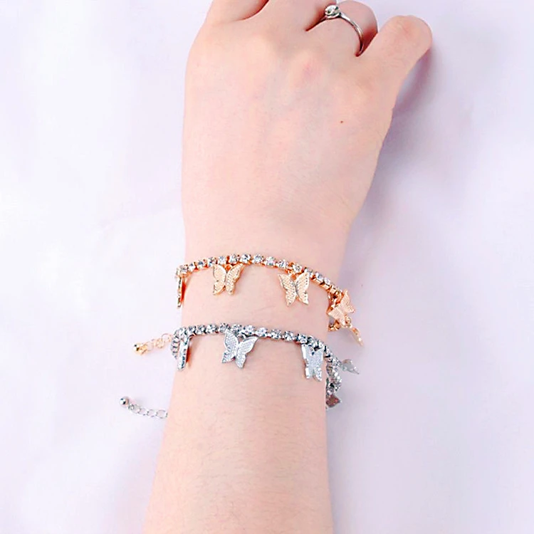 

Shiny Butterfly Bracelet And Charms Gold Full Diamonds Pink White Rhinestone Butterfly Bracelet Sterling Silver Tennis Bracelet, Picture shows