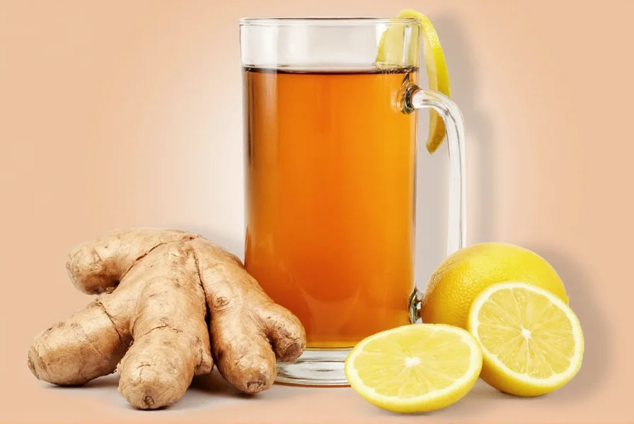 Fresh ginger root being sliced on cutting board with tea ingredients