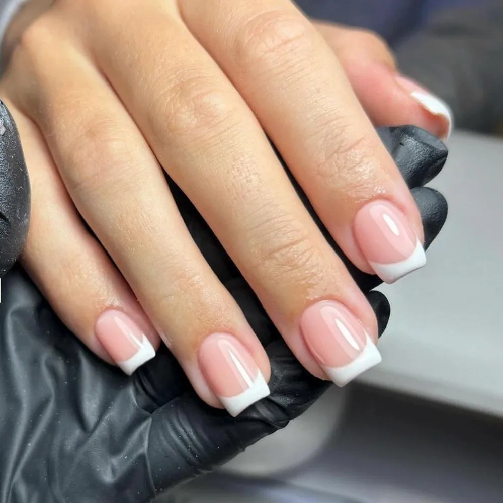 24 Pcs/set Classic French Short Square Nude Pink Collection ABS Full Cover Nail Tips Press Nails Finger Wholesale 3370