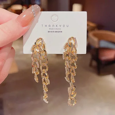 

Hip Hops Trendy 18K Gold Plated Circle Chain Dangle Earrings 925 Silver Needle CZ Link Chain Drop Earrings For Women