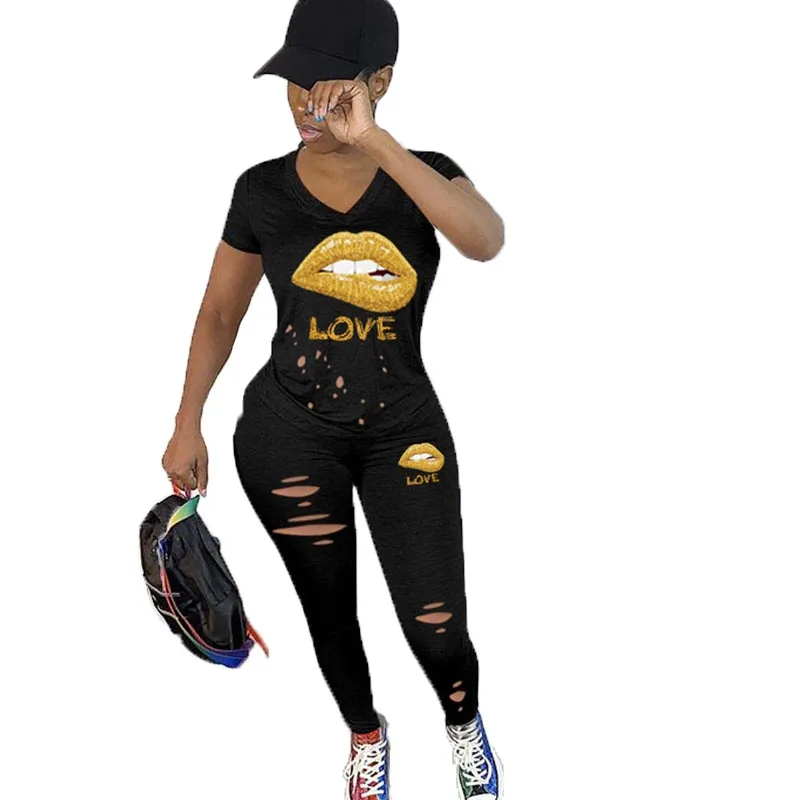 

2021 Summer Women Casual Two Piece Set Lips Printed Plus Size Short Sleeves T-Shirt With Hole Trouser Stylish Outfit, Black,blue,red,gary