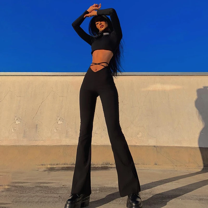 

Bomblook A20957P V-Shaped Women Pants 2021 New Arrival Solid Black Drawstring Loose Bell-Bottom Pants Streetwear Pant