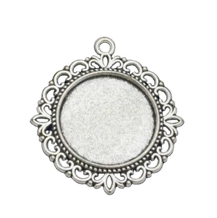 

Round Lace Base Metal Sterling Silver Blank Molds Photo Pendant Necklace Tray, Antique silver tone/antique bronze