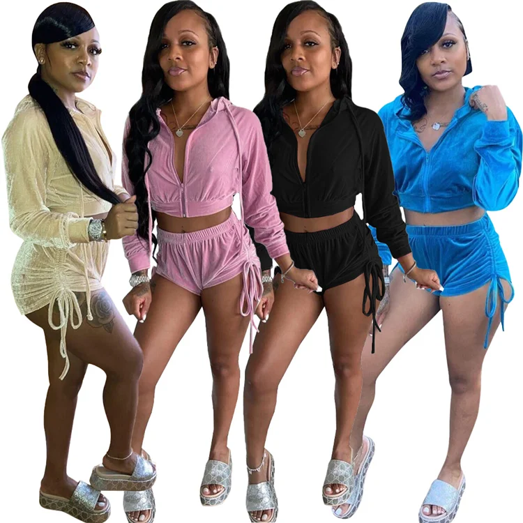 

2022 Trend Ladies 2 Pcs Track Suits Hoodie Crop Tops Stacked Shorts Velvet Sport Women Clothing Two Piece Set