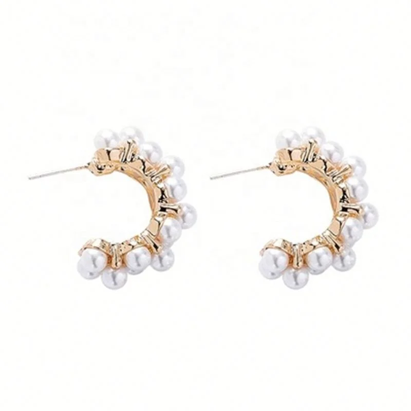 

New Vintage Pearl Hoop Earrings Hollow C Shape Earring For Girls, Gold