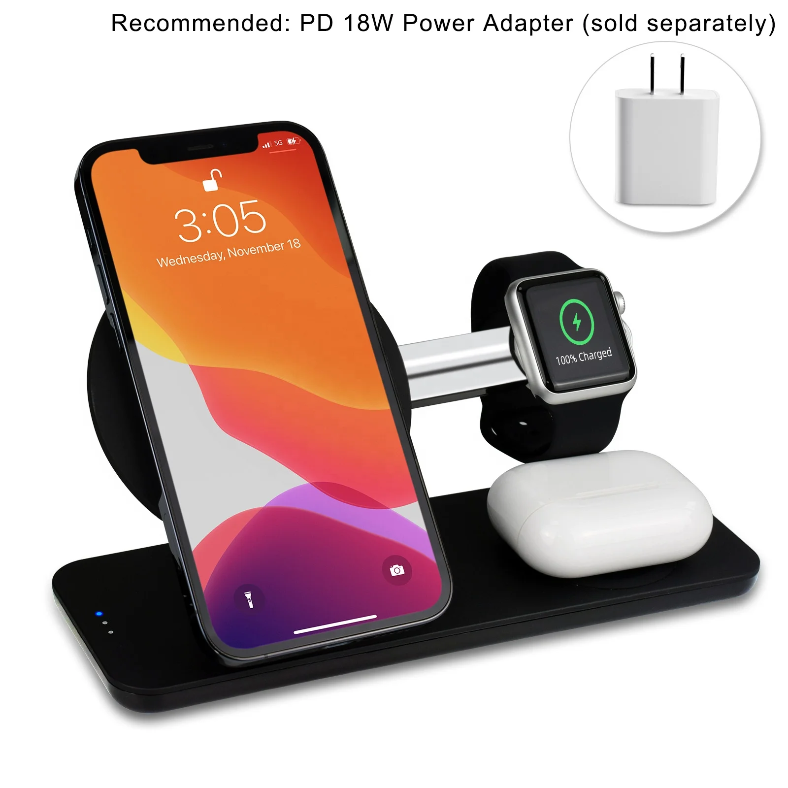 

Itian 2021 New Magnetic 3 in 1 Wireless Charger Qi Wireless Charger Stand for iPhone 12 series for AirPods for Apple Watch, Black with rubber coating & e-plating finishes