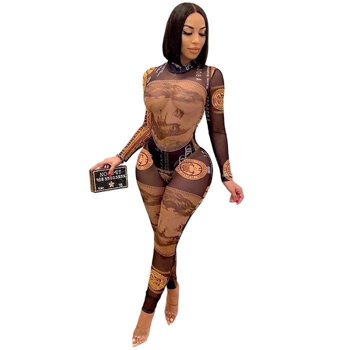 

Hot selling club wear skinny long sleeve high neck see through one pieces women money jumpsuit