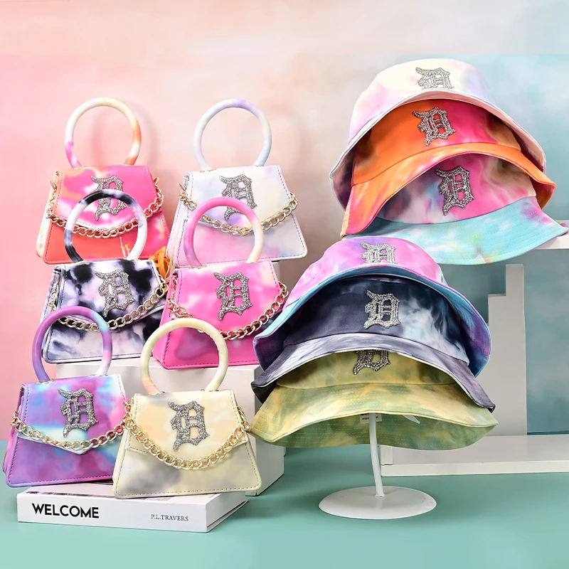 

2021 Fall Custom Logo Factory Fisherman Girls New Fashion Women Handbag Ladies Hand Bags Pu Tie Dye Purses And Hat Set, Customizable