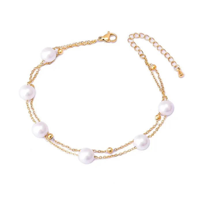 

Popular Foot Decoration Double-layer Pearl Anklet Stainless Steel Beads Plated 18k Gold Anklet For Women