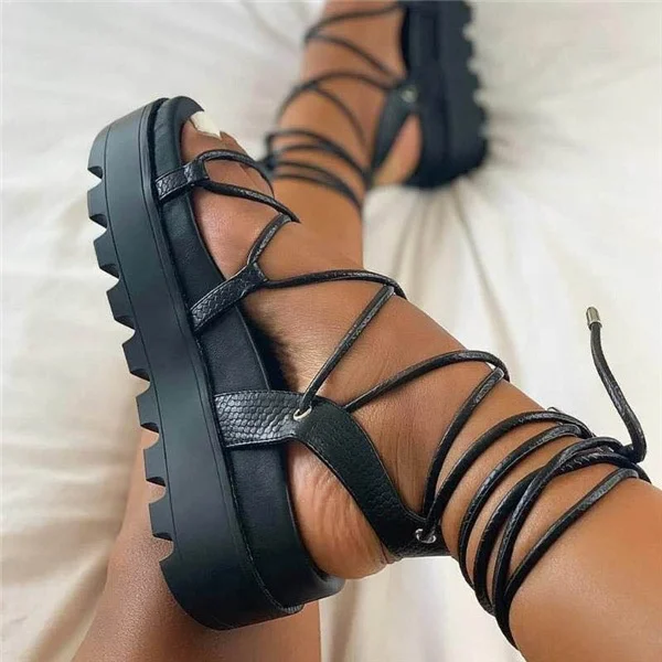 

Women's Flats Sandals Ankle Cross Lace Up Rome High Platform Sandal Thick Bottom Flat Shoes, White black purple
