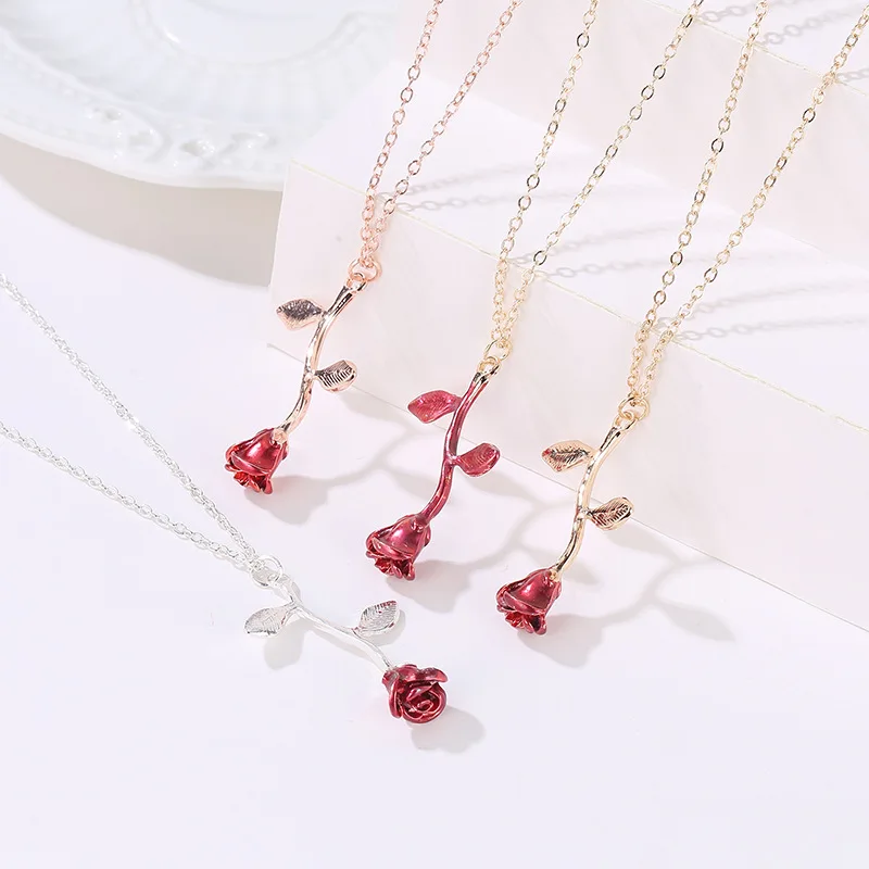 

romantic sales Valentine's Day rose necklace three-dimensional flower pendant collarbone chain as a gift to girlfriend, As pic