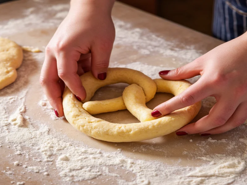 Hands kneading soft pretzel dough on floured surface