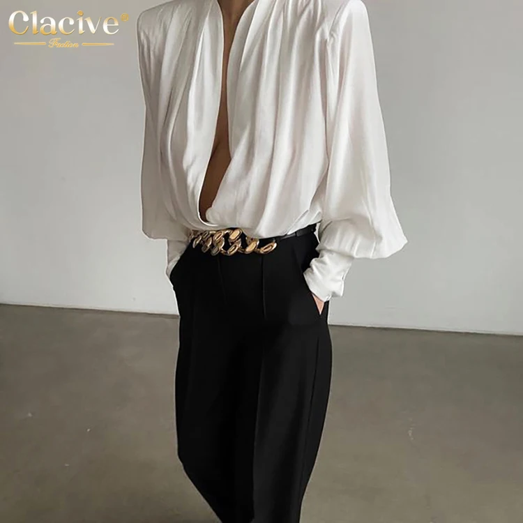 

Clacive 2021 Latest Design Long Sleeve Cardigan V-Neck Women Blouse Slim Club Casual Solid Women T-Shirts, Black,white