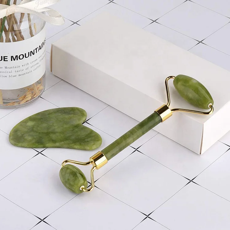 

2023 Dropshipping 2 in 1 Natural Green Xiuyan Stone Anting Aging Face Massage Jade Roller Gua Sha Set