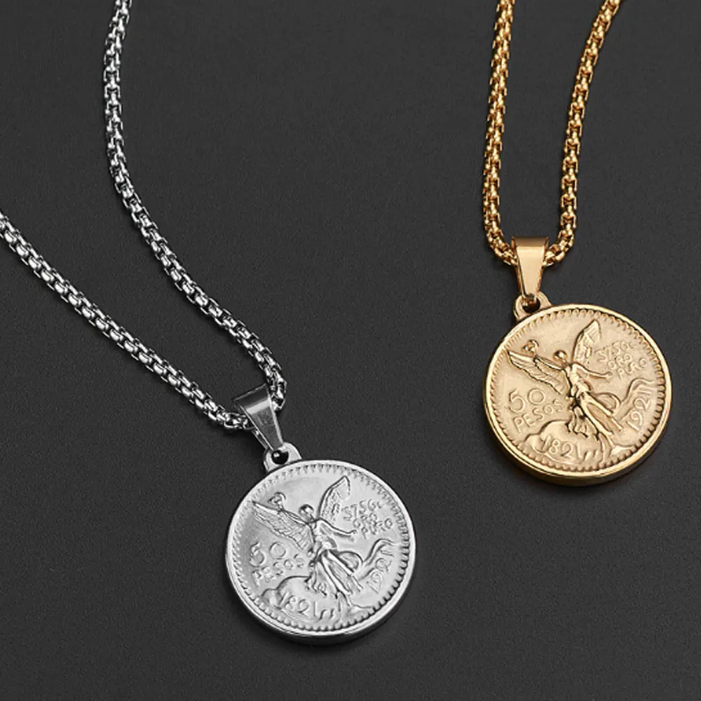 

stainless steel mexican 18k gold plated coin 50 pesos pendant necklace jewelry, Silver, gold