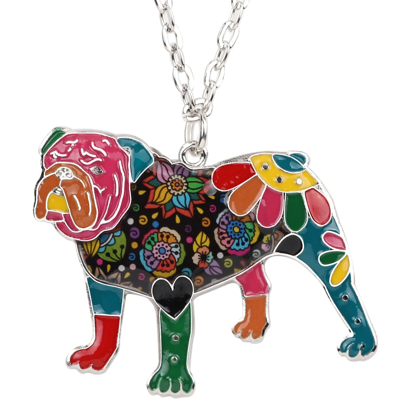 

Enamel Alloy Floral British Bulldog Necklace Dog Pets Pendant Chain Fashion Animals Jewelry For Women Girls Teens Charms Gifts, Multicolor blue black purple red brown
