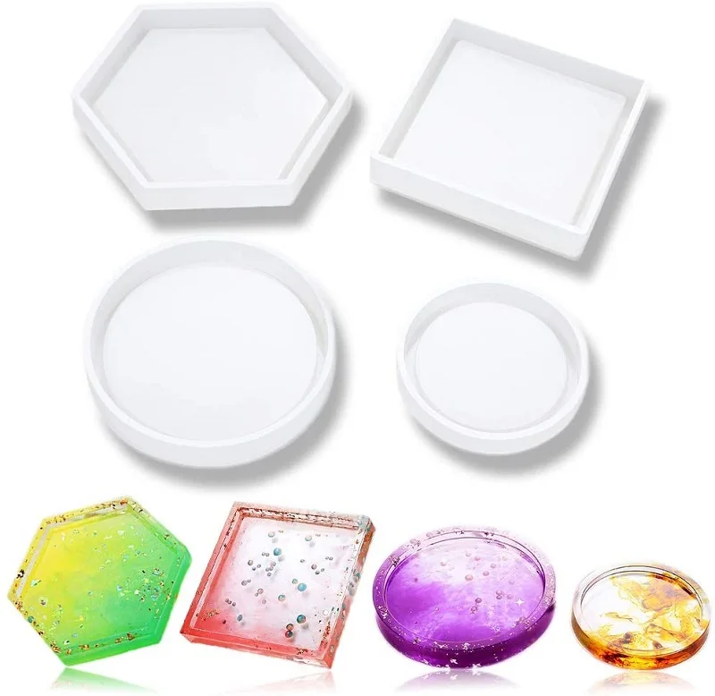 

DIY Crystal Drop Gum Ashtray Square Round Hexagon Shape Coaster Silicone Molds for Resin Casting, White transparent