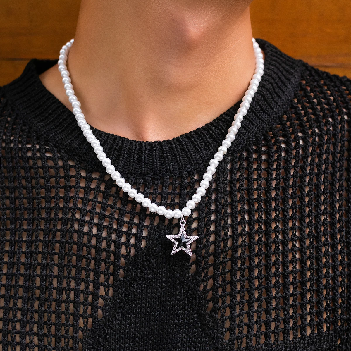 

SHIXIN Fashion Men's Stainless Steel Diamond 5-pointed Pearl Necklace Simple Punk New Necklace Jewelry Hot Sale Popular Jewelry