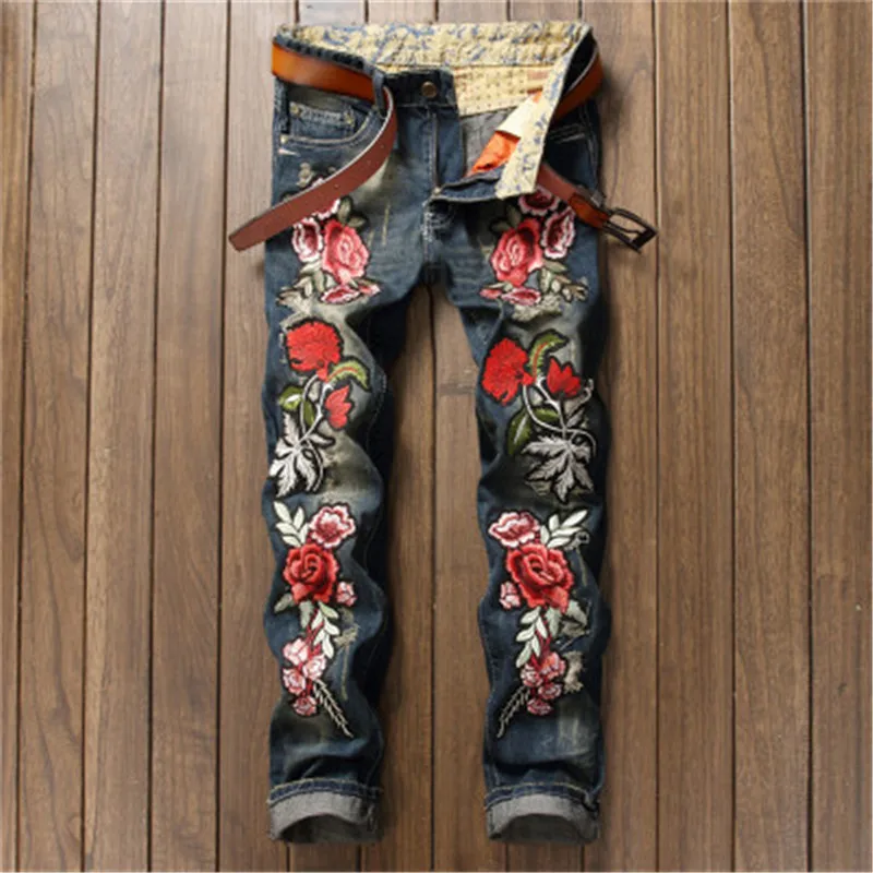 

Fashion Casual men's Jeans Street Flower embroidery Jeans Hip Hop Tight jeans personality men's foreign pencil pants, Customized color