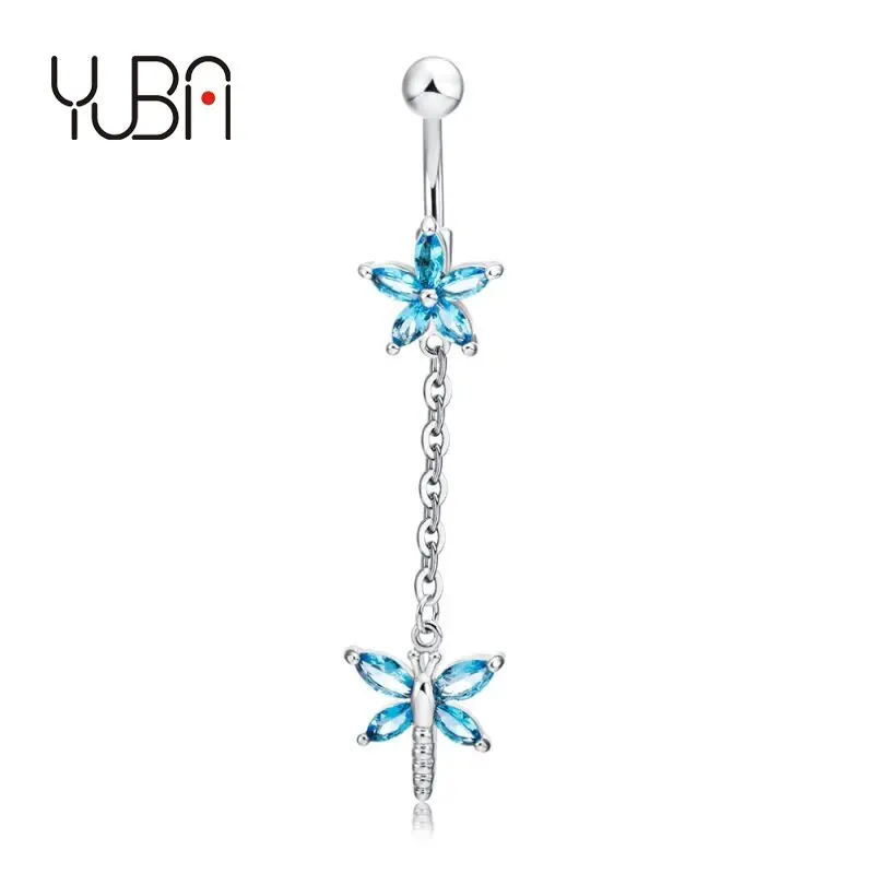 

Lovely flower petals zircon crystal Surgical Steel Belly Button Rings Drop Dangle Navel Piercing Rings Body Jewelry