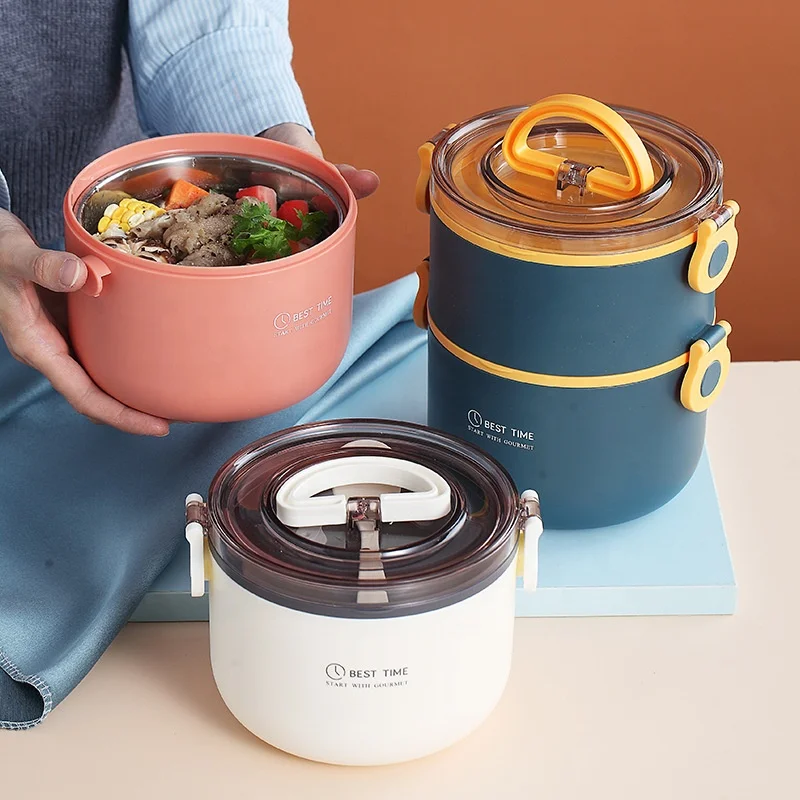 

Royalunion Round Leakproof Heatable Stainless Steel Food Storage Container Plastic Kids Bento Box Lunch Box with tableware