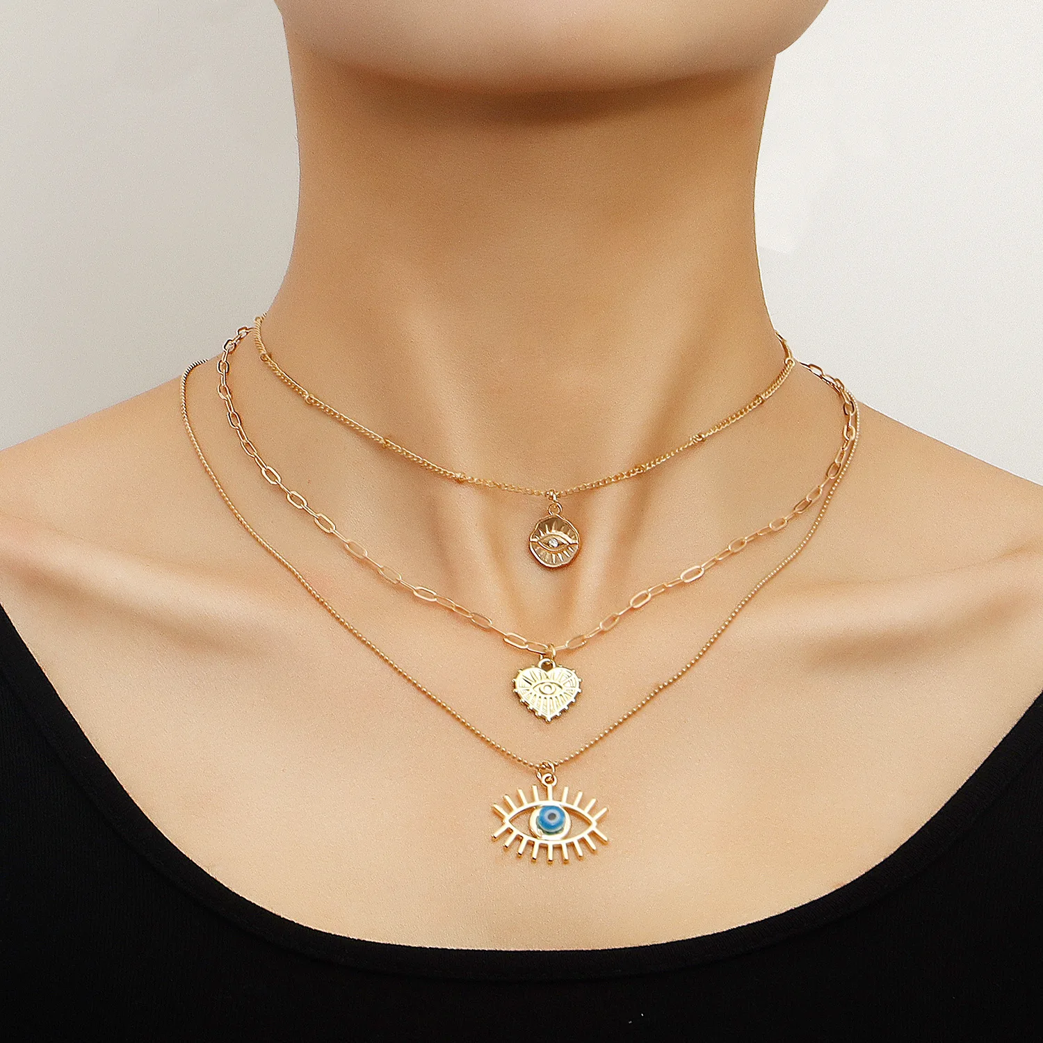 

Layered Necklace Multi Layer Inlaid Diamond Blue Turkish Eye Pendant Heart Necklace Jewelry