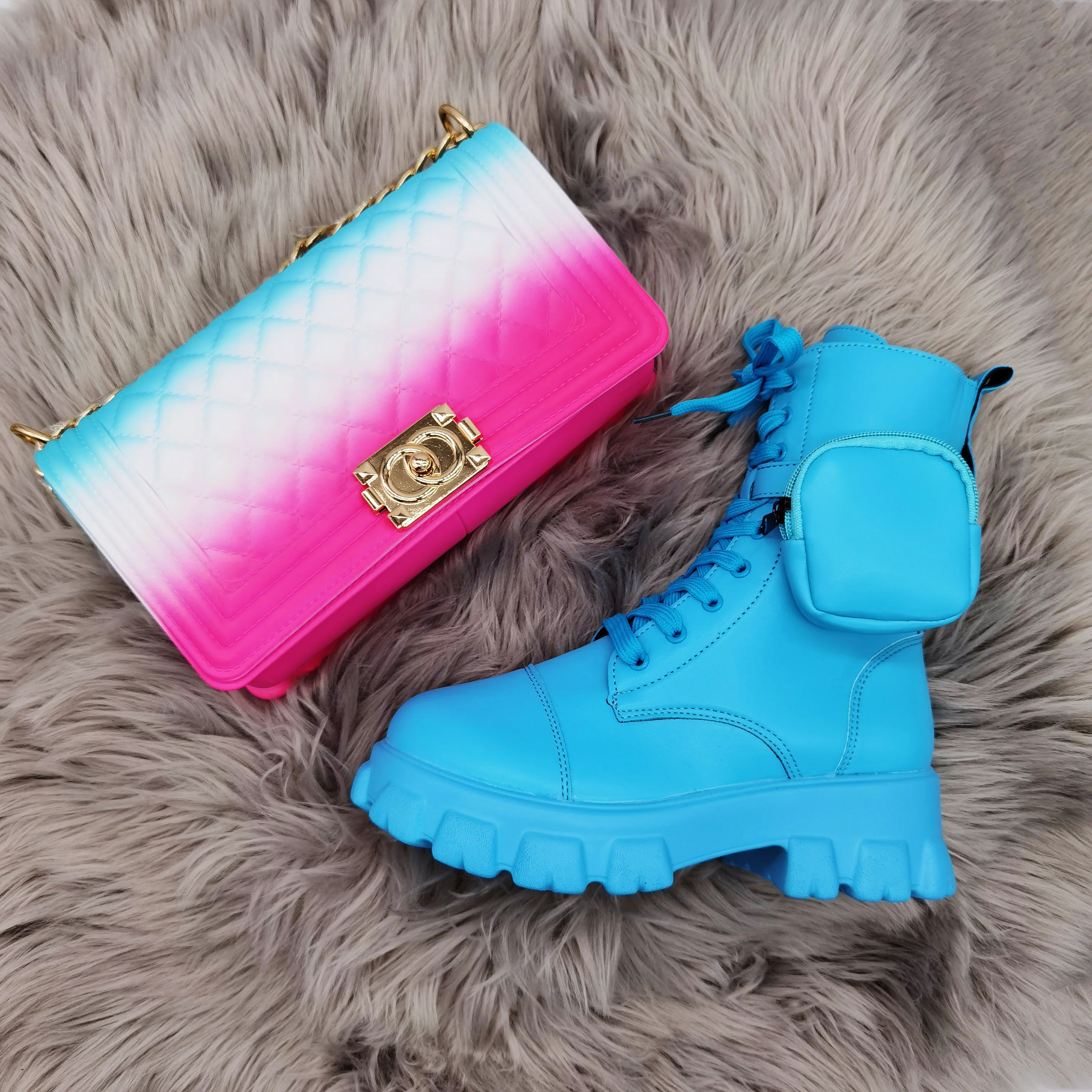 

New women jelly purse winter Fashion running sneakers women boots matching shoes and bag set