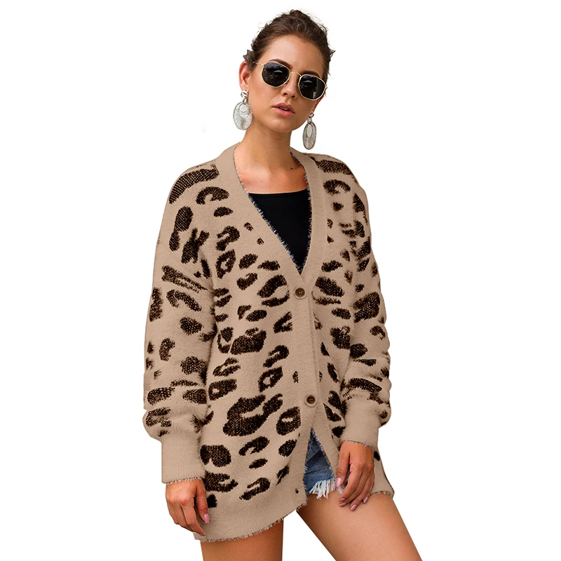 

Wholesale ladies casual coats fashion long sleeve printed leopard cardigan sweater for women clothing, 6 colors