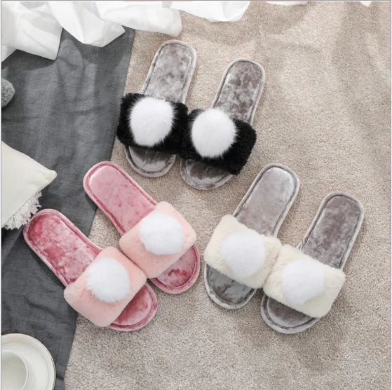 

Factory direct sales of new fashion open velvet ball floor slippers, anti-skid and thermal wool slippers, Black,pink,beige