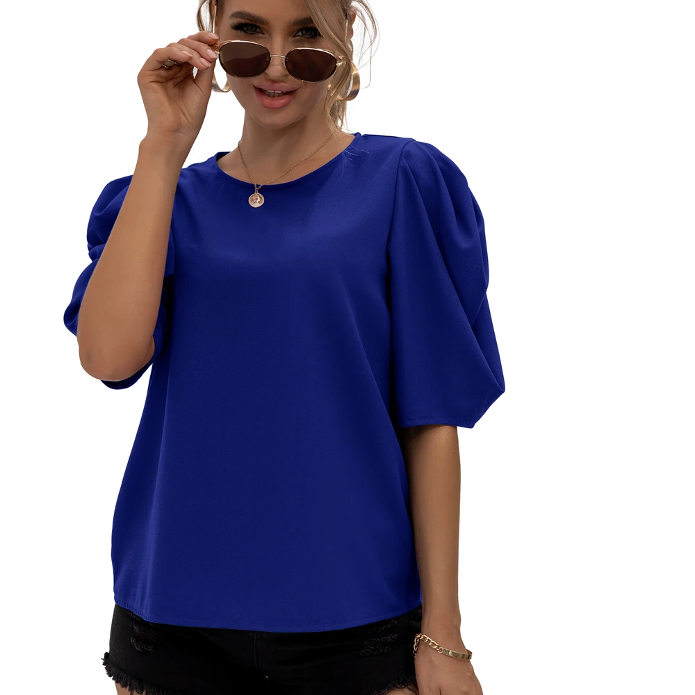 

Women Puff Sleeve Solid Color Chiffon Top Summer New Casual Fashion Office Lady O-neck Blouse Short Sleeve Elegant Shirt