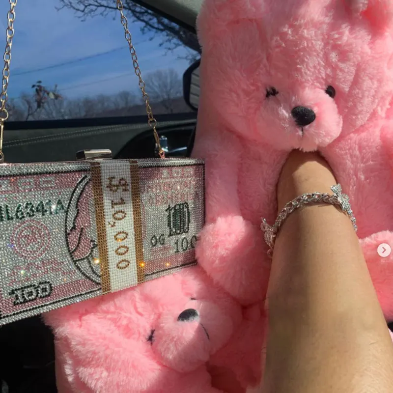

Luxury Fashionable Trendy Rhinestone Dollar Clutch Bags Handbags Designer Bling Ladies Evening Bags With Bear Slippers For Women