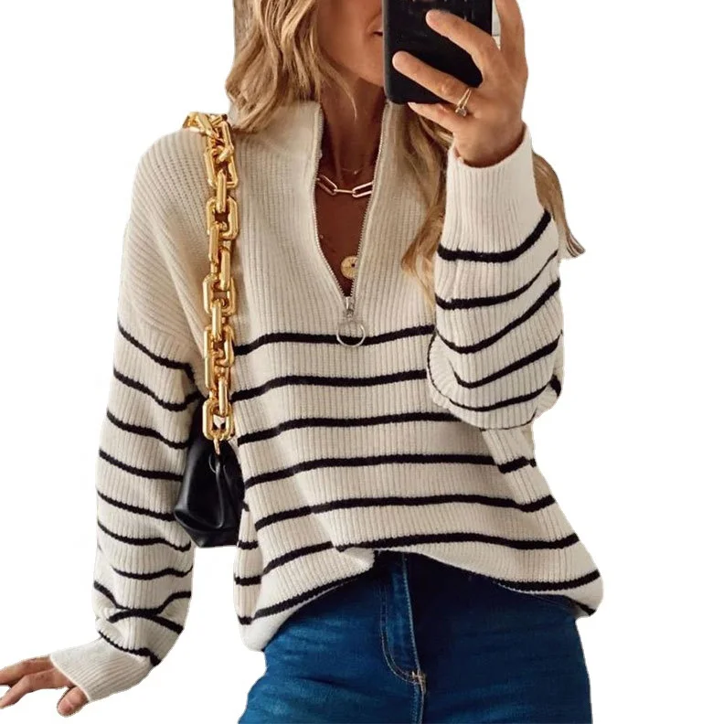 

Autumn and Winter Striped Sweater Casual Women's Fashion Patchwork Half-neck Long Sleeve Zip Pullover Sexy Pull Super Soft Tops