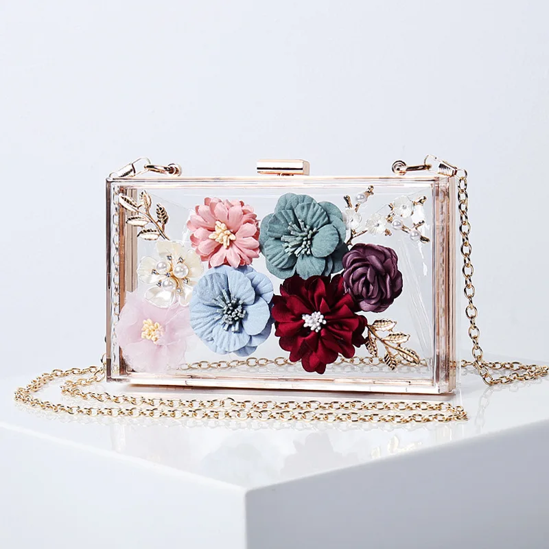 

Hot selling flower decoration small clear transparent evening clutch cosmetic acrylic handbag, Mix colors